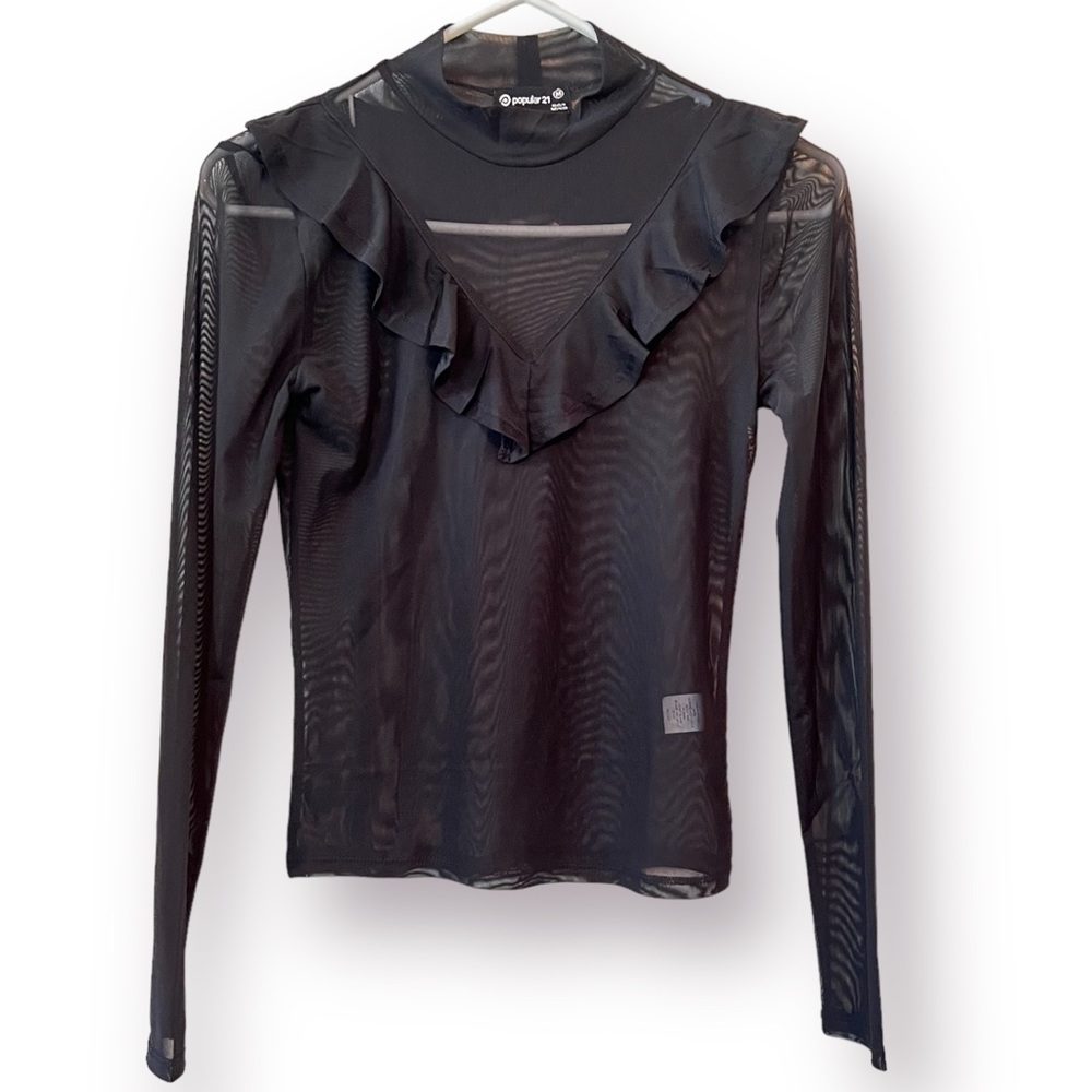 NWOT Popular 21 Ruffle Mock Neck Long Sleeve Sheer Mesh Top Juniors Size